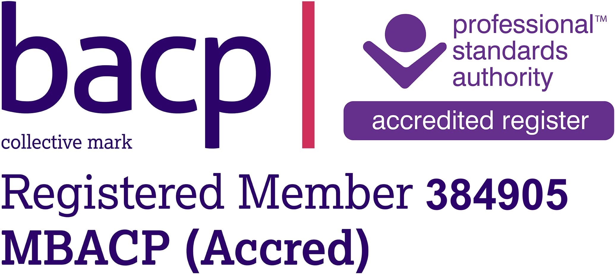 BACP Registered Member 384905 MBACP (Accred), accredited register of the Professional Standards Authority